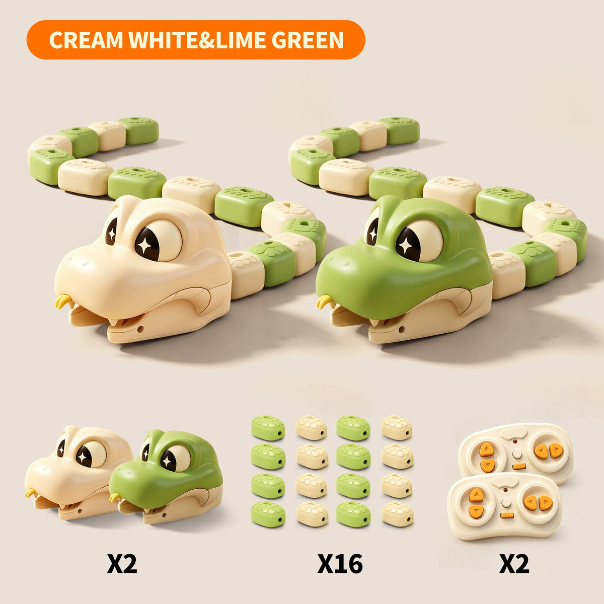 Yellow and green snake duo with two heads, sixteen body segments and two remotes